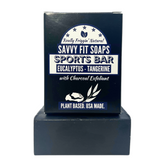 A box of Savvy Fit Soaps Sports Bar in Eucalyptus Tangerine, plant-based and USA-made, showcasing a refreshing and natural skincare product.